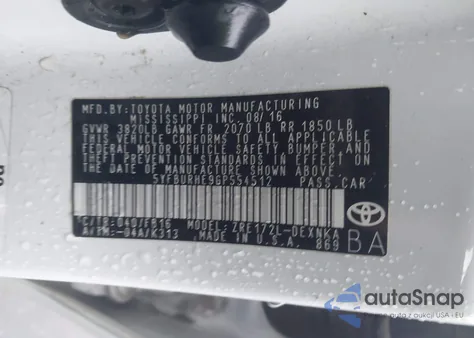 2016 Toyota Corolla Le from USA, damaged, VIN 5YFBURHE9GP554512